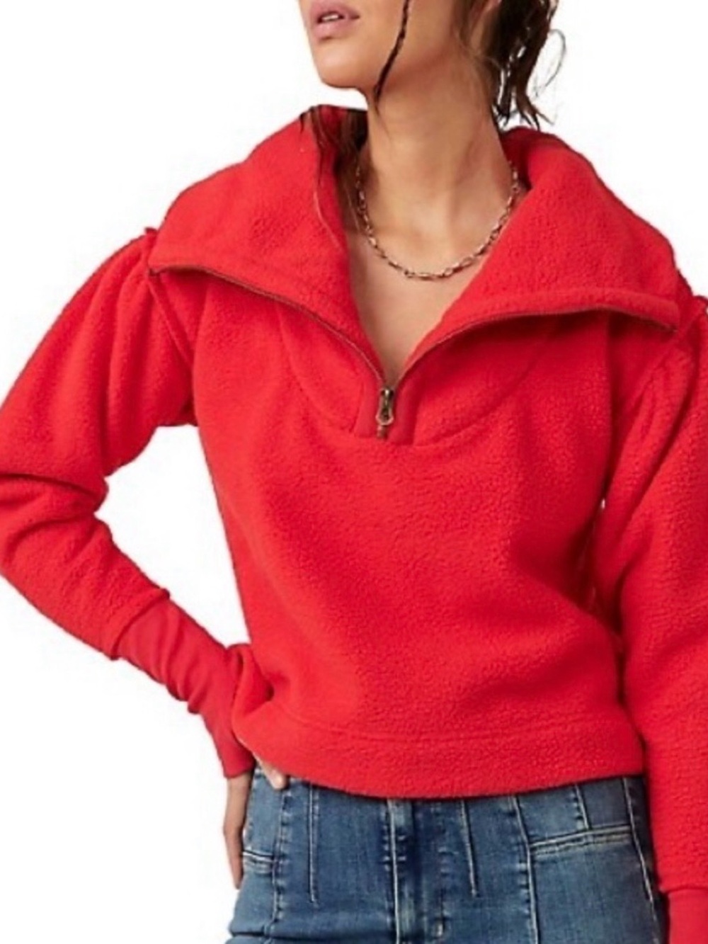 Free People Poppy Red Half-Zip Fleece Pullover Jacket
